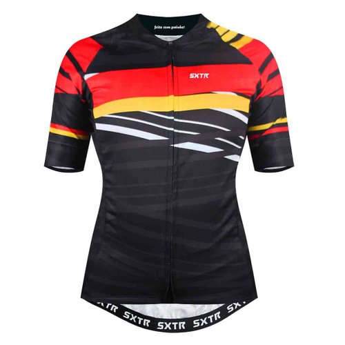 Camisa de Ciclismo SportXtreme Alemanha Slim Feminina Preto e Vermelha