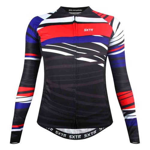 Camisa de Ciclismo SportXtreme USA Slim Manga Longa Feminina Preta e Vermelha