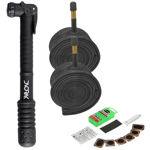 Kit Bomba Ar de Bicicleta 70 PSI + 2 Câmaras 29x1.75/2.125 Schrader 48mm + 6 remendos + Cola + Lixa