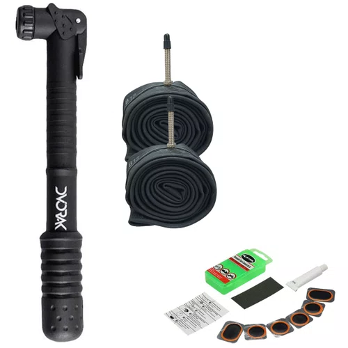 Kit Bomba Ar de Bicicleta 70 PSI + 2 Câmaras 29x1.75/2.35 Presta 48mm + Kit Remendo