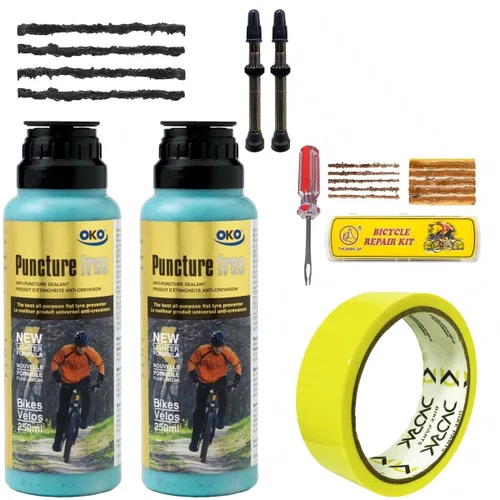Kit Tubeless OKO 250ml 2 Unidades + Fita 30mm + Válvula 55mm + Ferramenta para Reparo + Remendos
