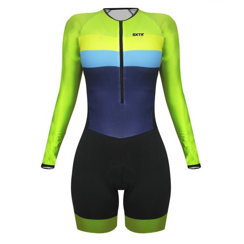 Macaquinho de Ciclismo SportXtreme Expert Manga Longa Livade Feminino Verde e Azul