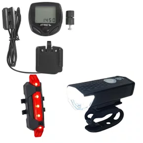 Kit Iluminação Farol Leão 300 Lúmens + Sinalizador Traseiro + Ciclocomputador Atrio 16 Funções Kit Iluminação Farol Leão 300 Lúmens + Sinalizador Traseiro + Ciclocomputador Atrio 16 Funções