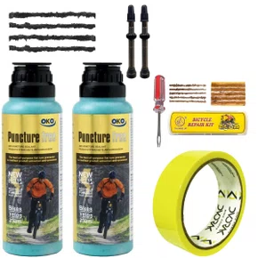 Kit Tubeless OKO 250ml 2 Unidades + Fita 30mm + Válvula 55mm + Ferramenta para Reparo + Remendos Kit Tubeless OKO 250ml 2 Unidades + Fita 30mm + Válvula 55mm + Ferramenta para Reparo + Remendos